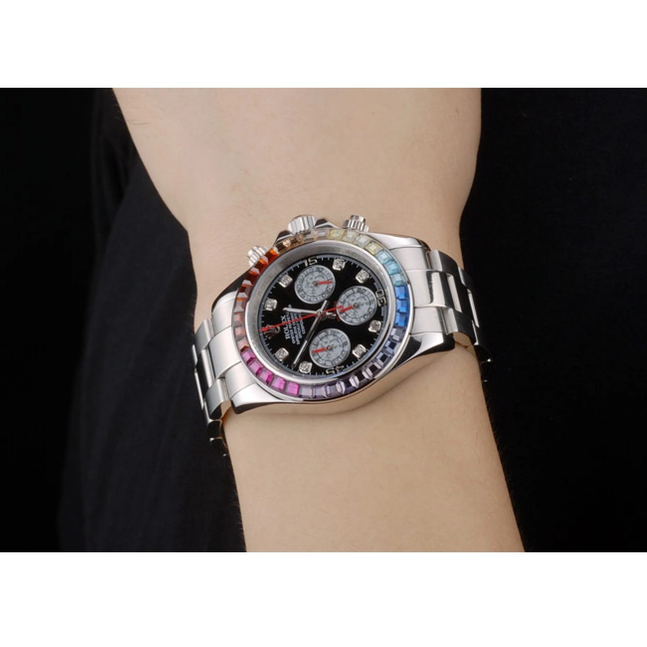 Best AAA Replica Sites Daytona Crystals 80250 Dial Rainbow Rolex Steep Black Strap Stainless Bezel Cosmograph 0704